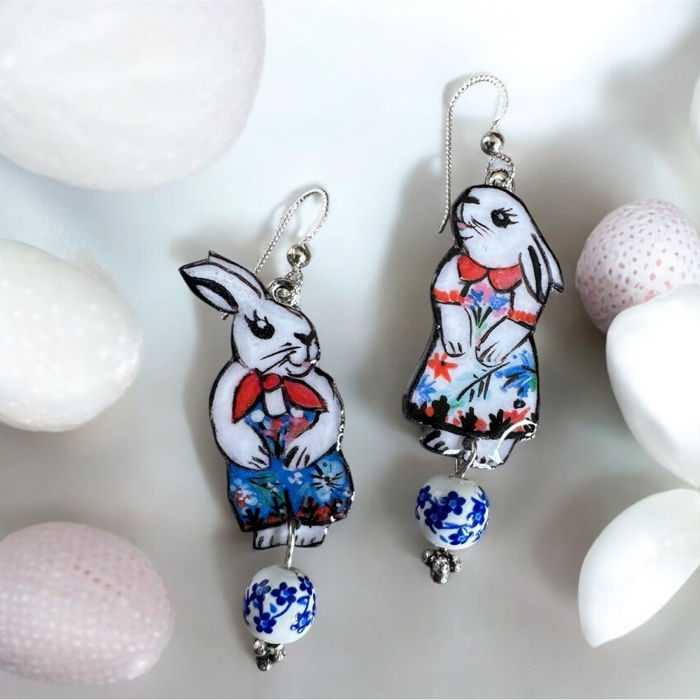 Easter bunnies, rabbits, hand, painted earrings with pearl charm OOAK eggs